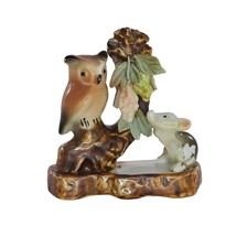 Vintage Miniature Owl Sitting On Log Mouse Ivy Berries Grapes Figure Cer... - $14.99