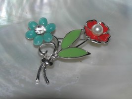 Estate Orange Enamel w Faux Pearl &amp; Sky Blue Plastic Daisy Flower Bouquet Silver - £8.16 GBP