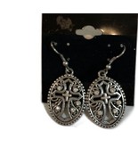 Vtg Silver Etched Oval Cross Dangle Earrings Rhinestone Accent Christian 1&quot; - €14,75 EUR