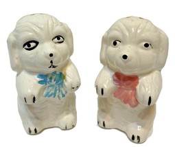 Vintage Puppy Ceramic Salt and Pepper Shakers Blue and Pink Bow - $12.60