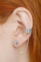 Celtic ear cuff with chain silver, ear cuff earring with studs blue - $73.00