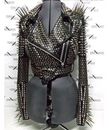 Long Spiked Shoulders Jacket Handmade Women Black Leather Rock Steam Pun... - £180.91 GBP