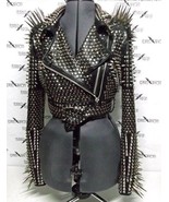 Long Spiked Shoulders Jacket Handmade Women Black Leather Rock Steam Pun... - $314.55 CAD