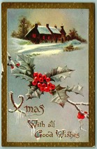 Holly Winter Cabin Icicles Xmas Christmas Good Wishes Unused DB Postcard H4 - £8.02 GBP