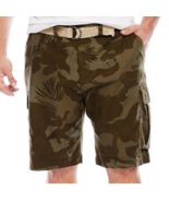 Mens CARGO Shorts 46 Big &amp; Tall w/Belt Relaxed Fit Green Tropical Camouf... - £15.58 GBP