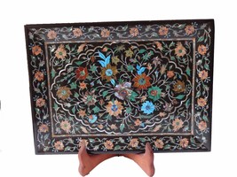 Belgium Black Marble Real Serving Tray Plate Coral Inlay Kitchen Gifts Art Decor - £1,462.42 GBP