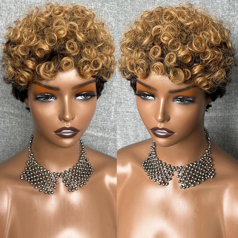 Afro Curly Short Bob Wig Highlight Ombre Human Hair Wig with Bangs Pixie C - £35.67 GBP