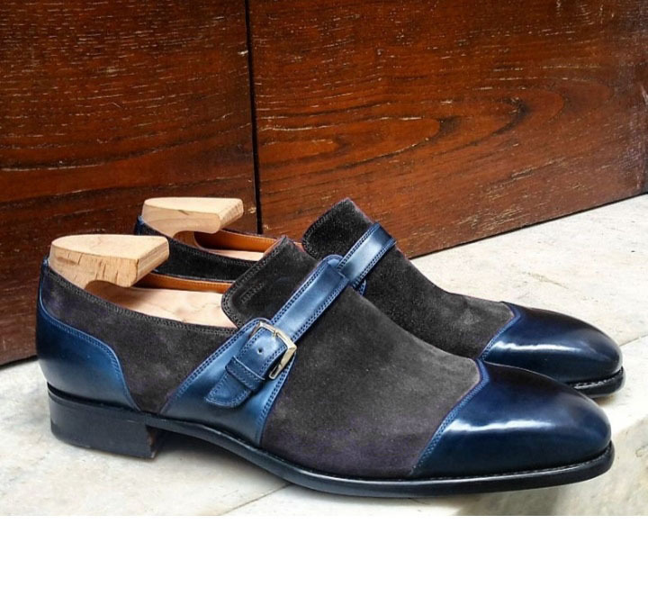Handmade Black Blue Men's Leather Suede Shoes, Men's Strap Cap Toe Formal Shoes