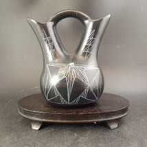 Native Black Pottery Wedding Vase With Stand Signed &quot;I Am Silk. Laguna 1992&quot; - £37.98 GBP