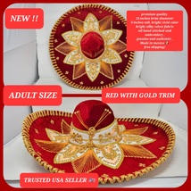 adults red  with gold decorations mexican charro sombrero MARIACHI HAT  - £78.63 GBP