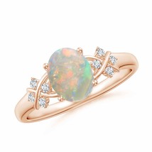 Solitaire Oval Opal Criss Cross Ring with Diamonds in 14K Rose Gold Size 6.5 - $756.51