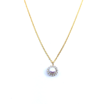 Halo-Halskette für Damen, 14 Karat Gelbgold, Perle, Kabelkette, weißer... - £222.84 GBP