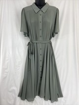 Nanette Lepore Pleat Collar Dress Green Chiffon Short Sleeve A-Line Belted Sz 14 - £26.03 GBP
