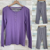 Talbots Flannel Pajama Set Purple Gray Silver Plaid Henley Cotton Womens... - $49.49