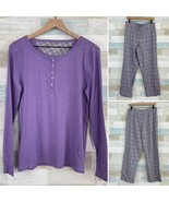 Talbots Flannel Pajama Set Purple Gray Silver Plaid Henley Cotton Womens... - £38.93 GBP
