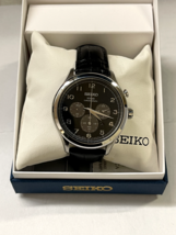 Seiko Mens SSC565 Solar Black Leather Band Chronograph Watch MSRP $350! - £138.41 GBP