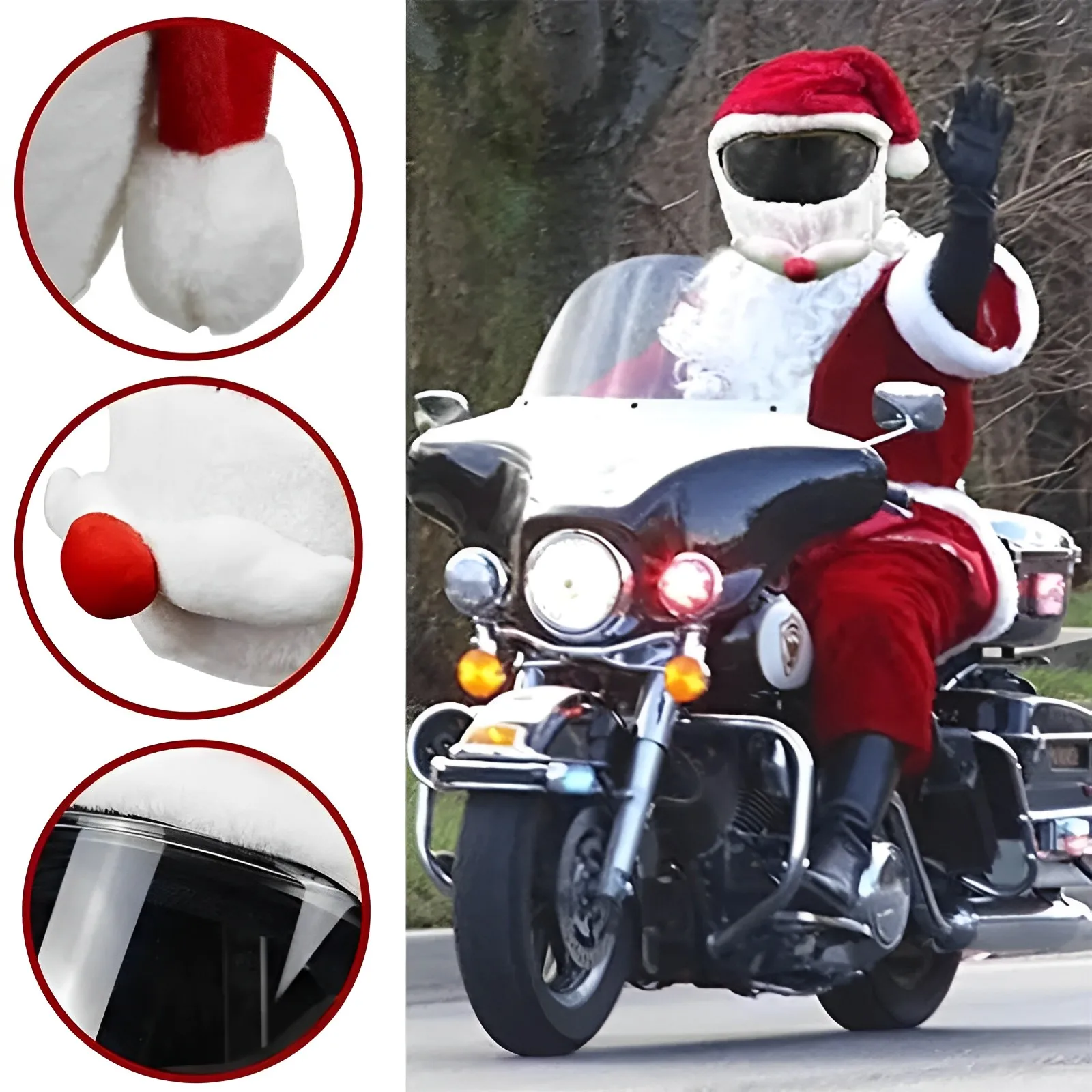 Motorcycle Helmet Christmas Hat - Red and White Plush Santa Claus Cover - $21.28