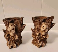 VTG Hand Carved Wood Squirrel Tree Stump Air Fern Vase Holder signed Ricardo - $14.49