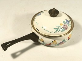 ASTA Enamelware Cookware Saucepan Pot With Lid Floral Pattern Vintage MCM Brass - $36.82