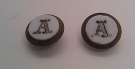 Vintage &quot;A&quot; stud Buttons (2) white enamel and brass - $19.79