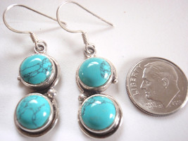 Simulated Turquoise Double-Gem Round 925 Sterling Silver Dangle Earrings - £9.19 GBP