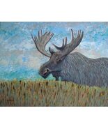 Painting Moose Cattails Original Signed Art Wild Animal Impressionism By... - $52.96