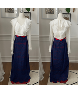 Vintage 70s Calderon Blue White Red Maxi Dress Long Sleeve S M - $67.92 CAD