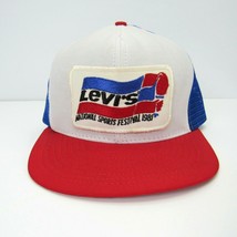 READ Vintage Levis 1981 Patch Red White Blue USA Mesh Trucker Hat Snapback Cap - £30.32 GBP