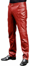 Red Men&#39;s Sheepskin Leather Trousers Sweat Slim Fit Causal Wear Pant Han... - £82.85 GBP