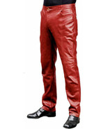 Red Men&#39;s Sheepskin Leather Trousers Sweat Slim Fit Causal Wear Pant Han... - $144.25 CAD