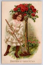 Victorian Girl Planting Red Roses Birthday Greetings Embossed Postcard C42 - £4.68 GBP