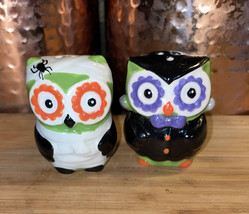 Owl Salt &amp; Pepper Shakers Set Mummy and Frankenstein Fall Halloween Ceramic - $15.42