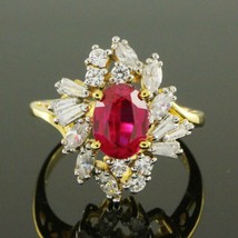 18K Yellow Gold Plated 2.55 Ct Simulated Ruby &amp; Diamond Cluster Engagement Ring - £58.90 GBP