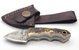 Mini Damascus Steel Fixed Blade Stag Bone Handle Infinity USA Knife &amp; Sheath #2 - £69.50 GBP