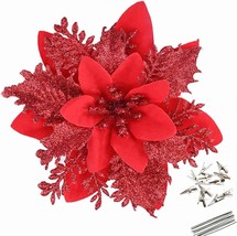 Greentime 12 Pcs. Artificial Red Poinsettia Flowers Decorations With Clips And - £35.48 GBP