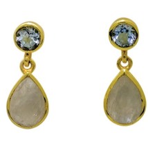 Earrings Blue Topaz and Moonstone Sterling Silver Gold Overlay Post Dangle - £22.58 GBP