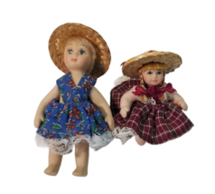 Miniature Porcelain Dolls Dress Straw Hat 3.5&quot; Braids Small Tiny Babies Blonde - £11.76 GBP