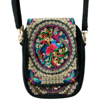 Mini Hipster Crossbody Purse Embroidered Black Multicolor Detachable Strap - $17.81