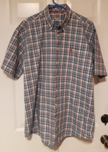 Cinch Plaid Button Up Shirt Mens Large Short Sleeve Red White Blue Crest Logo - £13.18 GBP