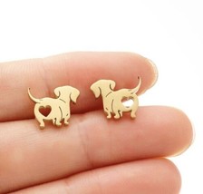 Dachshund Dog earrings - gold stud earrings - Sausage Dog Earrings With Heart - £8.84 GBP