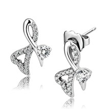 High Polish Stainless Steel Inverted Heart Awareness Clear CZ Earrings - £10.62 GBP