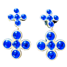 Vintage Colbalt Blue Cabachon Silver Tone Hard Resin Dangling Clip On Earrings - £10.24 GBP