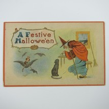 Vintage Halloween Postcard Witch Black Cat Jack-O-Lantern Pumpkin Flying Bat Owl - £31.35 GBP