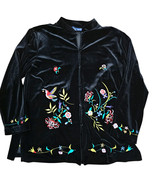 Y2K Womens Black Velvet Cardigan Embroidered Flowers Hummingbird Size Large - $40.96