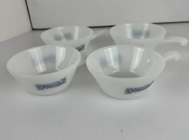 Soup Cereal Bowls 4 Currier &amp; Ives Blue Pattern Milky White Handle 5 x 2.25 Ins. - £20.02 GBP