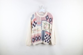 Vintage 90s Country Primitive Womens Large Knit Quilted Flower Crewneck ... - £46.51 GBP
