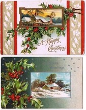 Christmas Postcards (2) Embossed Mistletoe With Inset Home Snow Scenes Germany - £2.36 GBP