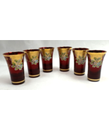 Vintage Ruby Red &amp; Gold Gilt Glasses Hand Painted Flowers Bohemian Set 6 - $65.71 CAD