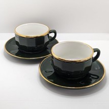 Pair of Apilco &#39;Bistro&#39; Breakfast Cup &amp; Saucers, Green &amp; Gold, Vintage T... - £23.99 GBP