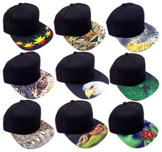 Black Sublimated Print Bill Strapback Hat Cap Flat Bill Snapback Adjustable Mens - £5.47 GBP